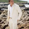 メンズスーツリネンビーチウェディングマンのためのスリムフィットグルームタキシードフォーマルプロム2ピースパンツ付き男性ファッションジャケット2024