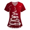 Women's T Shirts Christmas Nursing Scrubs T-Shirt Tops Casual Short Sleeve V-neck Pocket Women Uniforms Clothing S-2xl