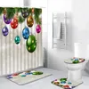 Shower Curtains 4pcs Christmas Set With Rug Cartoon Xmas Ball Green Pine Branches Year Festive Theme Bathroom Decor Bath Mat