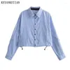 Women's Blouses KEYANKETIAN 2024 Launch Adjustable Hem Striped Shirt Fashion Tiered Single Breasted Loose Long Sleeve Short Blouse