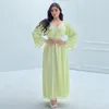 Ethnic Clothing Muslim Women Dress Dubai Party Gown Modern Chiffon Studded Belt Light Green V-Neck Long Sleeved Beaded