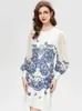 Abiti casual Seasixiang stilista Spring Abito sciolto Donne O-Neck Lantern Lantern Crystal Butterfly Floral Stampa elegante