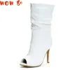 Scarpe da camminata Solid peep punta sottile tacchi alti slip on woman primavera primaverile stivali a metà polpaccio bianco plus size 34-47