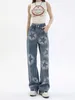 Jeans Feminina Estrela Impressa High Street Legal Legra para mulheres com calças casuais largas largas da cintura que parecem magras e versáteis