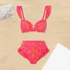 Dames badkleding ruches bikini set bohemia -stijl mouw bandeau bh met hoge taille zwembloem bloemenprint tweedelige dames voor vrouwen