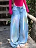 Women's Jeans American Retro Large Size Washed And Old Tie-dye Collision Denim Female Loose Thin Drape Straight Dragging Trousers 2024