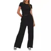 Damen 2 -teilige Outfits Lounge Sets Ruched Short Sleeve Tops und hoch getailte Weitbeinhosen -Trailsuiten 2404051