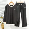 Home Clothing Winter Women Clothes Pajamas Toothpick Strips Velvet Round Neck Contrast Deep Pocket Long 2-piece Set Sleep Wear Sleepwear