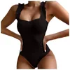 Frauen Badebekleidung Ropa de Mujer einteilige Modebikini Solid Color Hölzerne Ohrringgurte Sexy Frauen