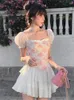 فساتين الحفلات 2024 الصيف حلوة النساء الأميرة لباس نفخة مربع طوق طباعة A-Line Mini French Patchwork
