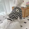 Dog Apparel Striped Autumn/Winter Cardigan Pet Cat Clothes Cute Flower Blossom With Traction Ring Sweater Puppy Dogs