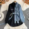 Blouses pour femmes printemps automne coréen simple poitrine denim patchwork long chemise longue femme lacet lace up chemisier polyvalent tops irréguliers mode