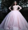 Fashion Pink Gown Quinceanera Dresses Half Sleeve Sheer Neck Lace Applique Tulle Bodice Long Prom Dresses Formal Party Ball Custom8912607