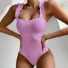 Frauen Badebekleidung Ropa de Mujer einteilige Modebikini Solid Color Hölzerne Ohrringgurte Sexy Frauen