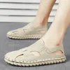 Mens Genuine Leather Sandals 2023 Summer Breathable Hollow Roman Casual Slides Shoes for Men Slip on Closed Toe Beach 240403