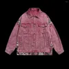 Vestes masculines American Retro Washed Pink Patchwork Veste de travail de travail Couple de denim de rue décontracté lâche