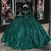 Mörkgröna prinsessaklänningar bollklänning från axel glitter paljetter diamant vestido de quinceanera bodice söt maskerad klänning