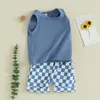 Clothing Sets Toddler Baby Boy Summer Outfit Set Vest Tank Cami Sleeveless Tops T-shirt Checkerboard Elastic Waist Shorts 2cs Clothes