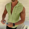 Summer Fashion Plaid Zipper Mouwess Makesed Hooded Cardigan T-shirt Mens Slim Sports Ademfortabele fitness Top 240320