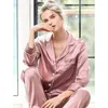 Thuiskleding Koreaanse ins -stijl Solid Simulated Silk Pyjama's voor vrouwen 2024 Tweede stuk set huiskleding herfst herfst mode casual slaapkleding