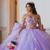 Lilac Sweet 16 Quinceanera Dress Off Shoulder Lace Bow kralen Tull Ball Jurk Princess Party Birthday Dress Vestidos 15 DE