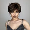 Dark Brown Mixed Copper Highlight Straight s With Bangs Short Pixie Cut Synthetic for Women Daily Lolita Heat Resistant 240327