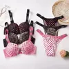 Mulheres sexy lingerie 2 peças push up sutiã e calcinha definida rosa coração renda de renda bordada roupas de noite confortáveis atacado 240326