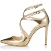 Dress Shoes Mirror Metallic Leather Women Cross Strappy Pointed Toe Ankle Strap Hollow Thin Heels Pumps Gold Red White