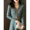 Casual Dresses Autumn Winter Elegant Fashion V-neck Long Sleeve Dress Ladies Vintage Plaid Printing Waist R Robe Femme Temperament Vestidos