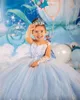 Princess Blue Flower Girl Dresses With Big Bow Sash A Line Crew Neck Sheer Long Sleeves Appliques Sequins Long Toddler Teens Pageant Party Gowns