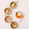 Baby Feeding Bowl Food Tableware Kids Wooden Training Plate Silicone Suction Cup Removable Wooden Fork Spoon Childrens Dishes 240321