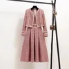 Work Dresses Spring Autumn Bright Silk Tweed Suit Dress Women Fashion Stitching Weave Knit Female Jacket Two-Piece