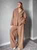 Hemkläder Hiloc Brown Cotton Sleepwear Women's Clothes Long Sleeve 2 Piece Set Loose Trouser Suits Casual Female Pyjama 2024 Autumn