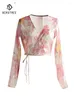 Bloups feminina Birdtree 50%Mulberry Silk Camisa elegante Mulheres Manga longa V Nice