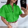 Kvinnor BLOUSES Office Lady Temperament Slim Women 2024 Summer Elegant Multi-Color Pocket Shirt Casual Short Sleeved Single Breasted Top