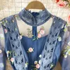 2023 Sommerstickstärke Spitze Dres Long Sleeve Boho Flowers Tüll Blumenblau Eleganter Urlaubsfeier Abend Midi Vestidos 240327