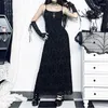 Casual Dresses Goth Dark Cross Flocking Mall Gothic Aesthetic Grunge Punk Mesh Elegant Party Long Dress Sling Slim Sexy Emo Alt Outfits