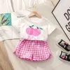 Fruit T-shirt Plaid Shorts Girls 2pcset Summer Childrens Clothes Cotton Kids Short Sleeved Suit Fashion Baby Clothing 1-6Y 240326