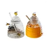 Bouteilles de rangement 1 / 2pcs en verre miel transparent en verre en nid d'abeille avec couvercle et tige de remuant de grande capacité bouteille pour la cuisine de café de cuisine