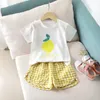 Fruit T-shirt Plaid Shorts Girls 2pcset Summer Childrens Clothes Cotton Kids Short Sleeved Suit Fashion Baby Clothing 1-6Y 240326