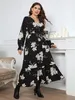 Plus size zomer vrouwen jurk wraped v nek swing jurken taille riem bloemen pring robe ruche zoom lange mouwen vrouwelijke zonsondergang 240326