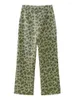 Calça feminina feminina casual de cintura alta 2024 calças vintage de leopardo verde primavera feminina reta Long Long