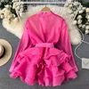 Blouses pour femmes 2024 Fashion Murffon Mousse à manches longues Femmes O Ruffles Ruched Bow Solid Elegant Original Sweet Vintage Blouse