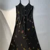 Casual Dresses Women Sleeveless A-Line Sling Dress Flower Print V-Neck Silk High Waist Sexy Ladies Vintage Mid-Length Robe