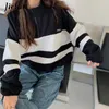 Women's Hoodies Spell Color Stripe Sweatshirt Women Autumn Street Cool Loose Pullover Zipper Female White Black Gray S-L Size