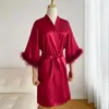 Roupas em casa Cetina feminina de seda de seda Bathrobe Spring e Autumn Sexy Morning Robe com penas de mangas compridas