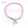 Wholesale Simple Pink PU Braid Leather Bracelets Awareness Jewelry Breast Cancer Bracelet With Pink Heart Ribbon Charm Pulsera