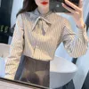 Blouses pour femmes Coigarsam Shirt Womens Tops printemps 2024 Bureau Lady Vintage à manches longues Stand Stand Nou Belt Stripe Stripe Femmes