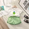 Fruit T-shirt Plaid Shorts Girls 2pcset Summer Childrens Clothes Cotton Kids Short Sleeved Suit Fashion Baby Clothing 1-6Y 240326