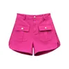 Розовая красная джинсовая джинсовая шорты летняя мода Тонкая кнопка All-Match A-Line Широкие грузовые штаны Femal Solid Jeans 240321